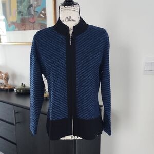 Exclusively Misook blue and black striped acrylic knit zip-front cardigan. 